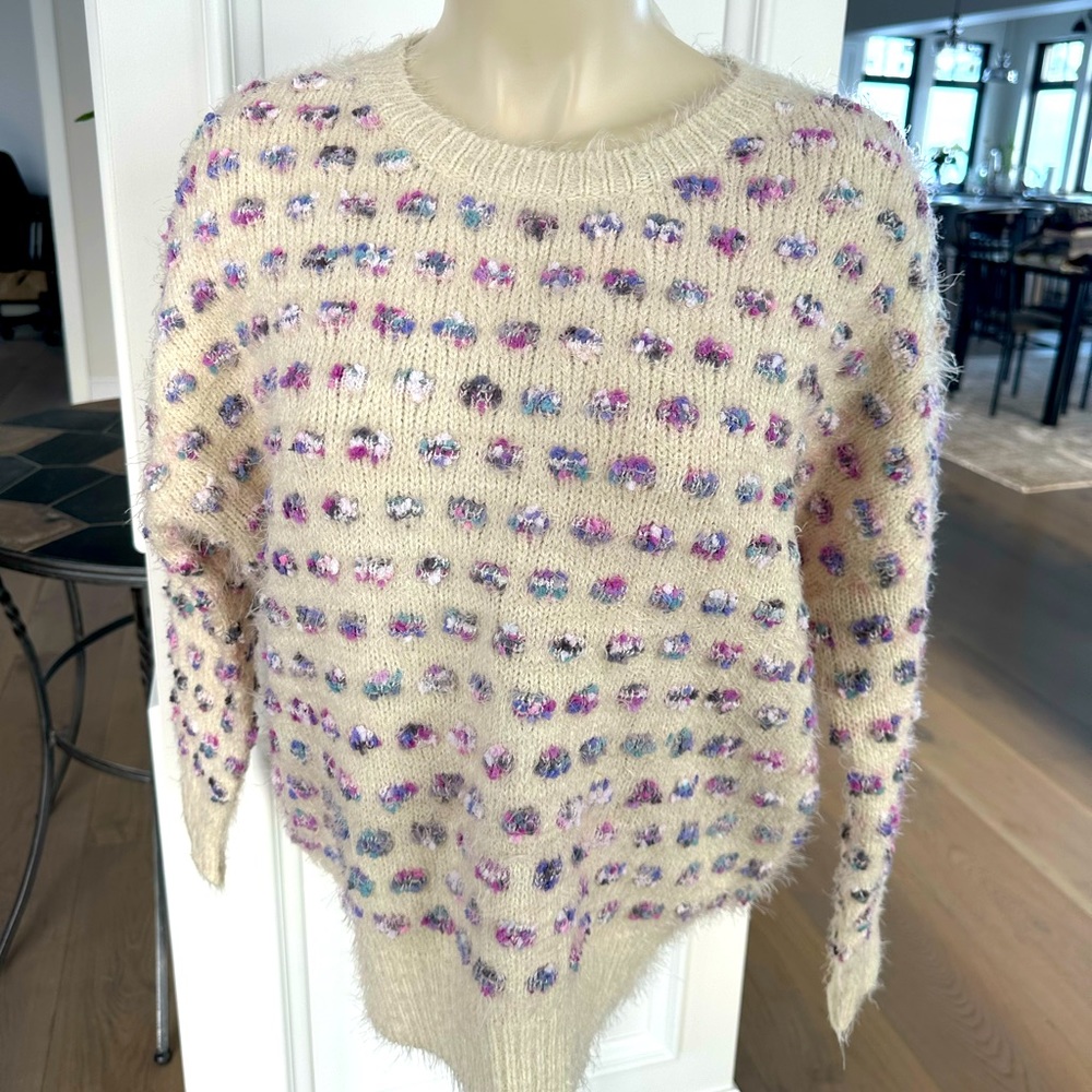 MIRUMI Cream, pink, purple fuzzy sweater, Size S, New with Tags